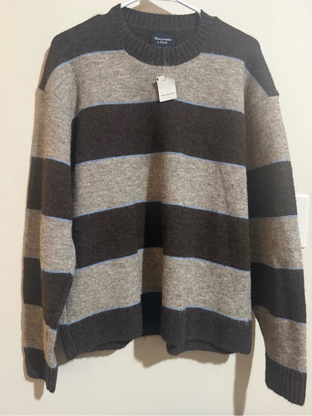 Abercrombie & Fitch Men's Brown, Brown and Blue Striped Crewneck Sweater